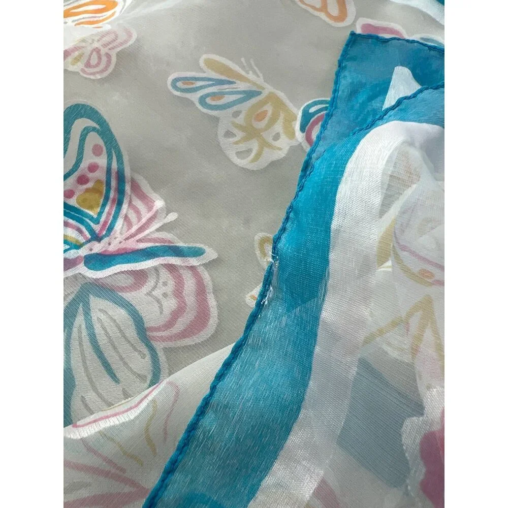 Vintage 70s Sheer Butterfly Square Scarf Light White Blue Neck Wrap Blue White